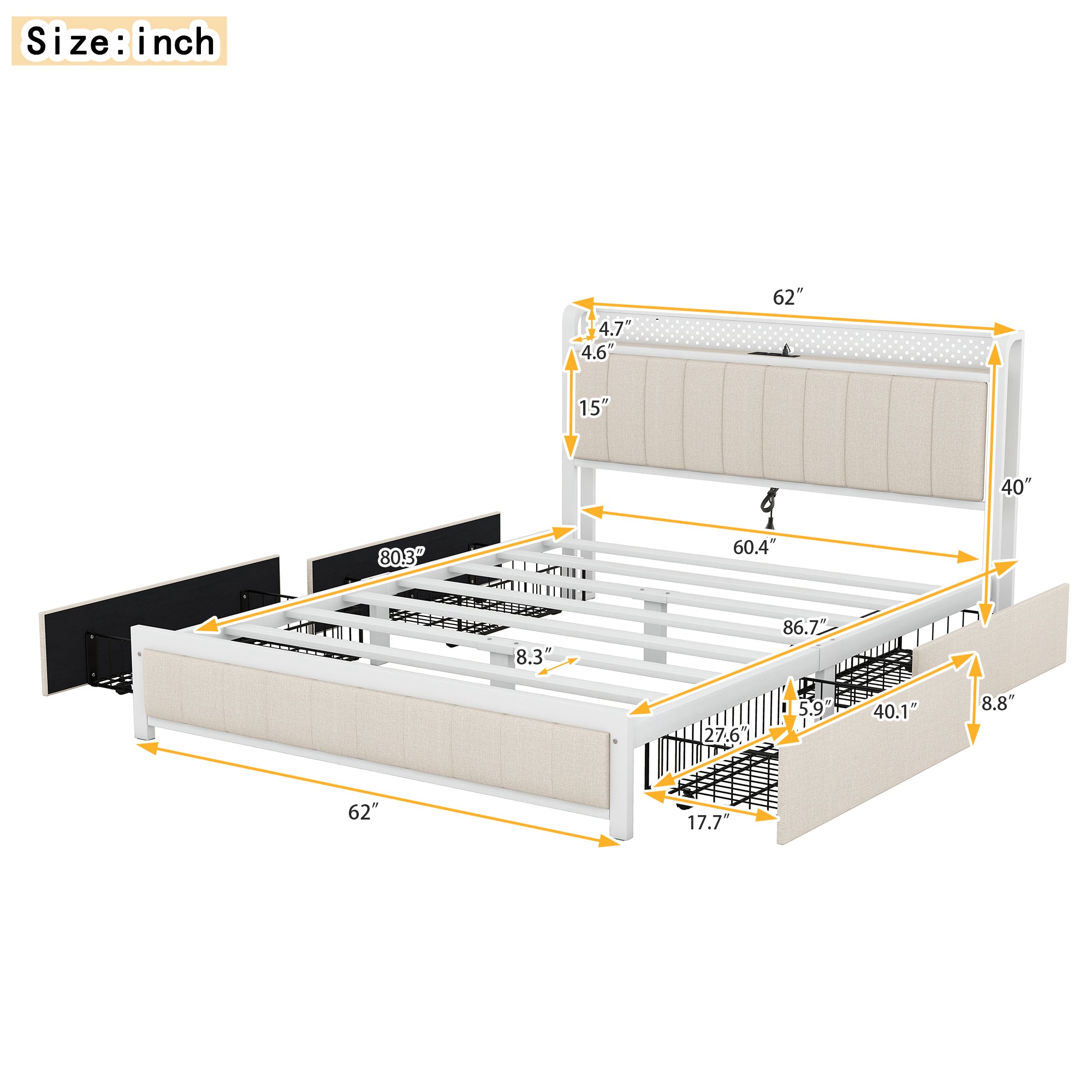 Queen Bed Frame with LED Headboard, Upholstered Bed with 4 Storage Drawers and USB Ports, Beige - Atlantic Fine Furniture Melbourne FL
