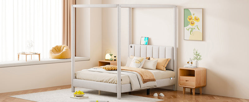 Full Size Canopy Platform Bed with USB and Type-C Ports, Canvas, Beige