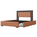 Modern Style Upholstered Queen Platform Bed Frame with Four Drawers, Button Tufted Headboard with PU Leather and Velvet, Two Color, Orange and Brown