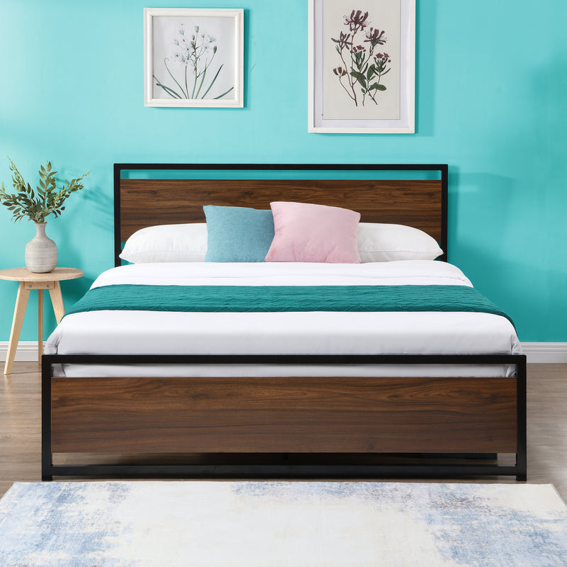 Industrial Platform Queen Bed Frame/Mattress Foundation with Rustic Headboard and Footboard, Strong Steel Slat Support, No Box Spring Needed, Noise Free, Easy Assembly