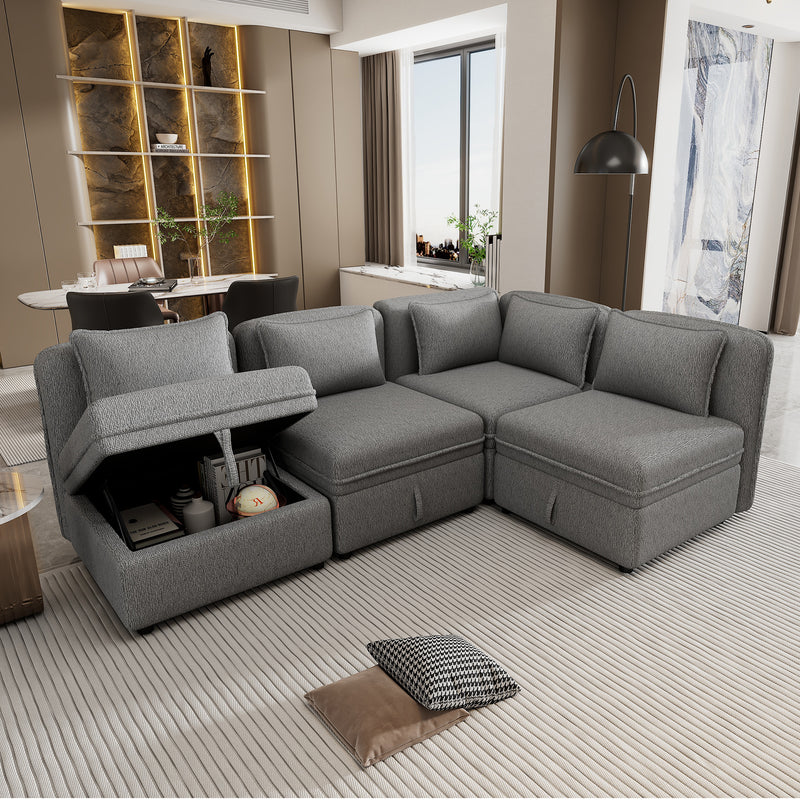 122.8" Convertible Modular Minimalist Sofa Free Combination 4 Seater Sofa Chenille Fabric Sectional sofa with 5 Pillows for Living Room, Office, Apartment, Small Space, Gray