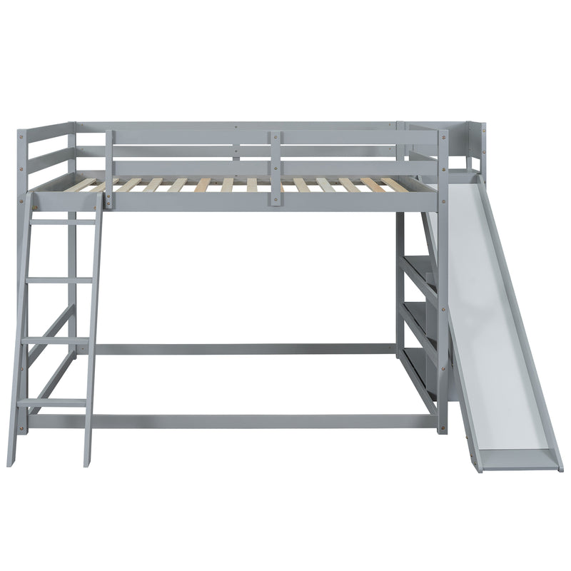 Full over Full Bunk Bed with Ladder, Slide and Shelves, Gray