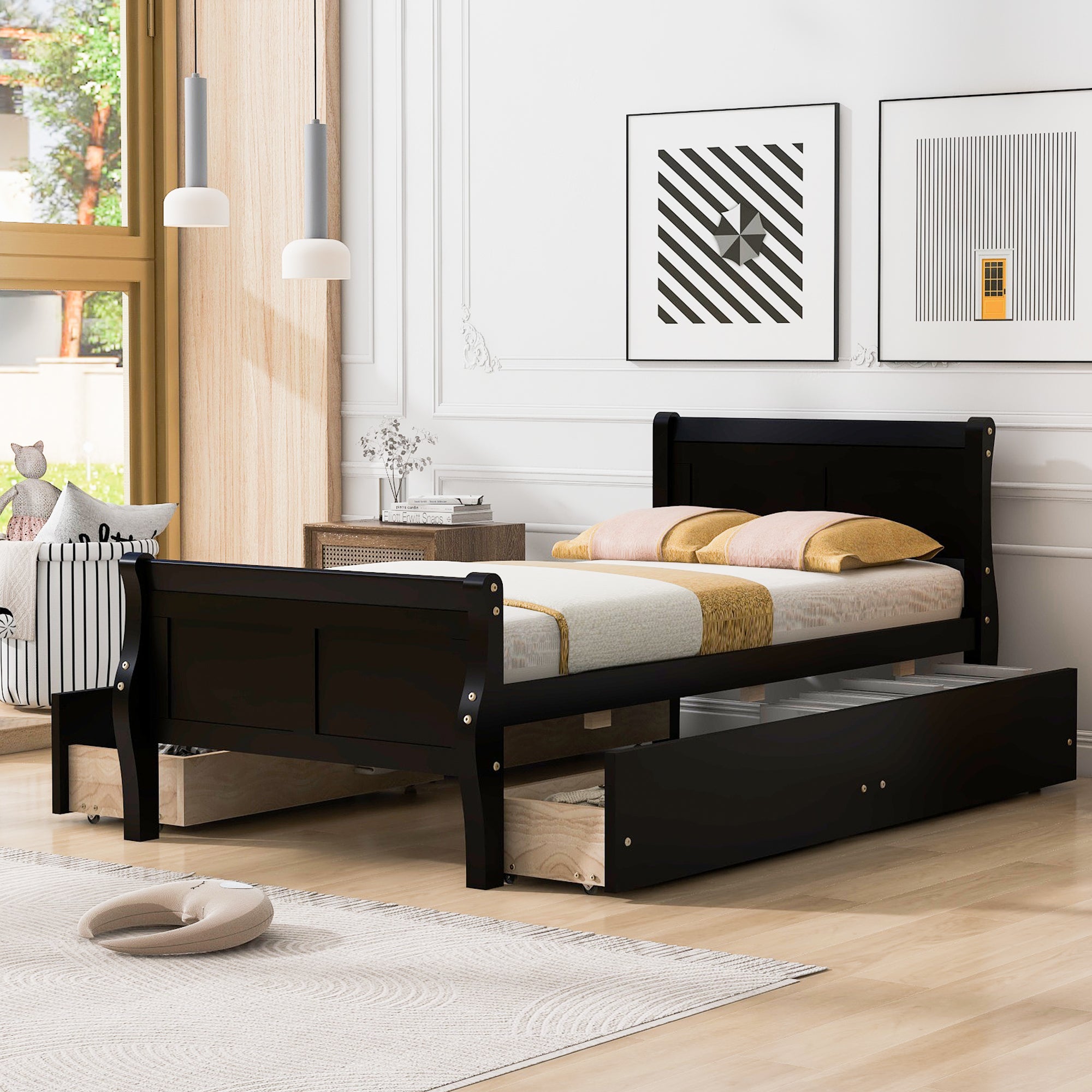 Twin Size Wood Platform Bed with 4 Drawers and Streamlined Headboard & Footboard, Espresso - Atlantic Fine Furniture Melbourne FL