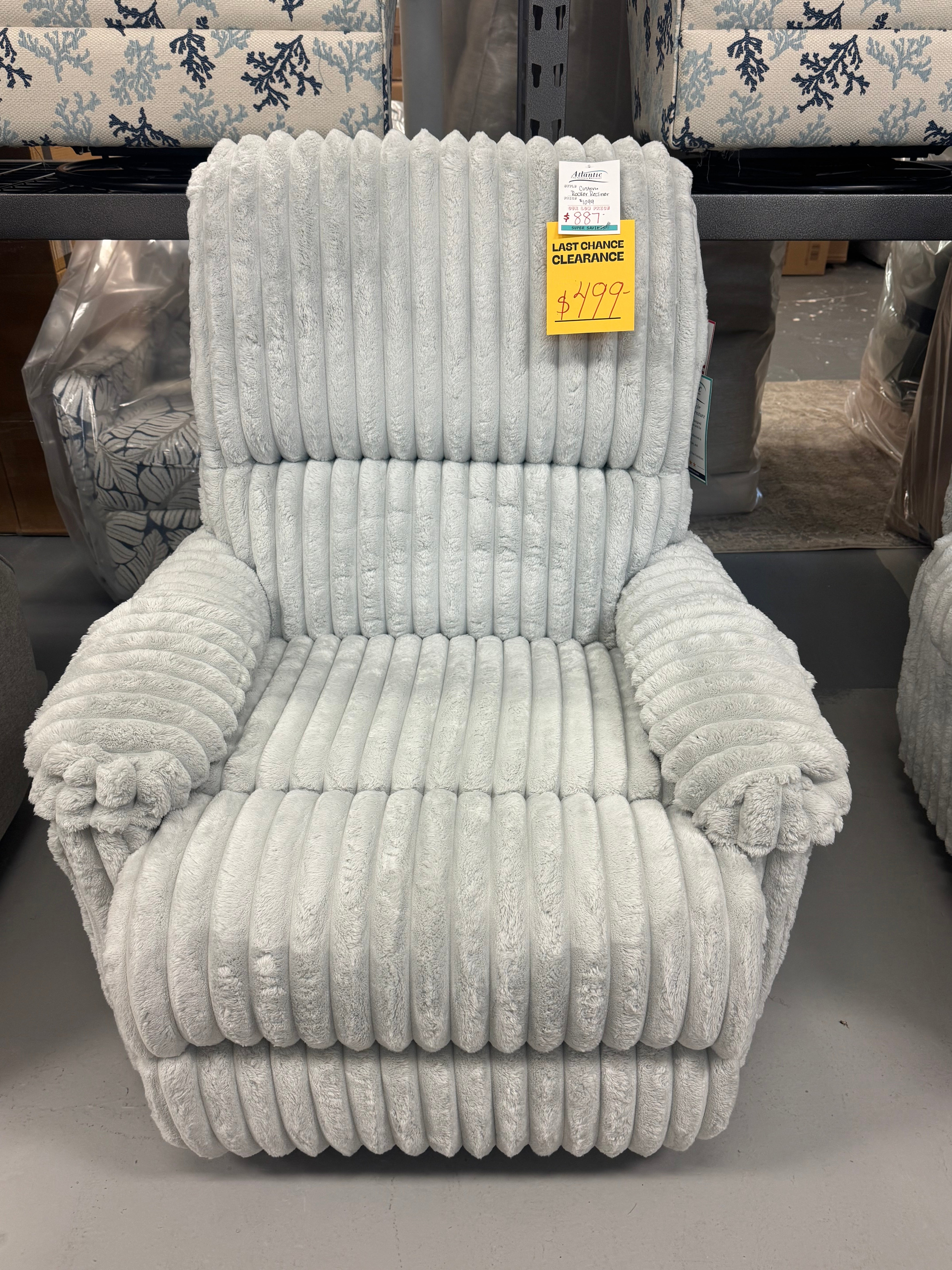 Custom Manual Rocker Recliner *FUZZY GREY FABRIC* SHOWROOM MODEL ONLY
