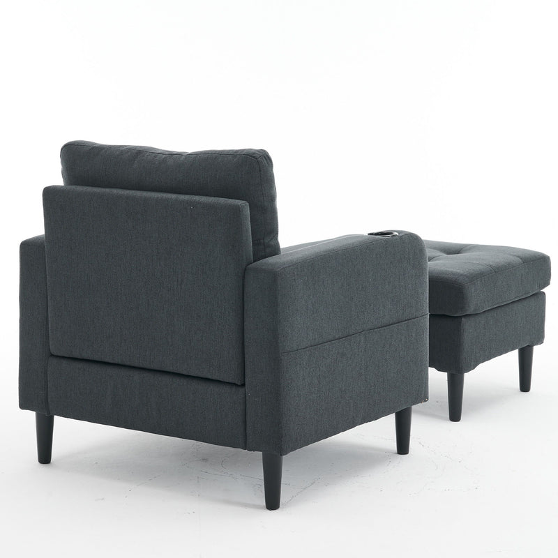 Upholstered Armchair And Storage Ottoman Set, Comfortable Single Sofa With Cup Holders And Tufted Detailing, Ideal For Living Room Or Bedroom - Dark Gray