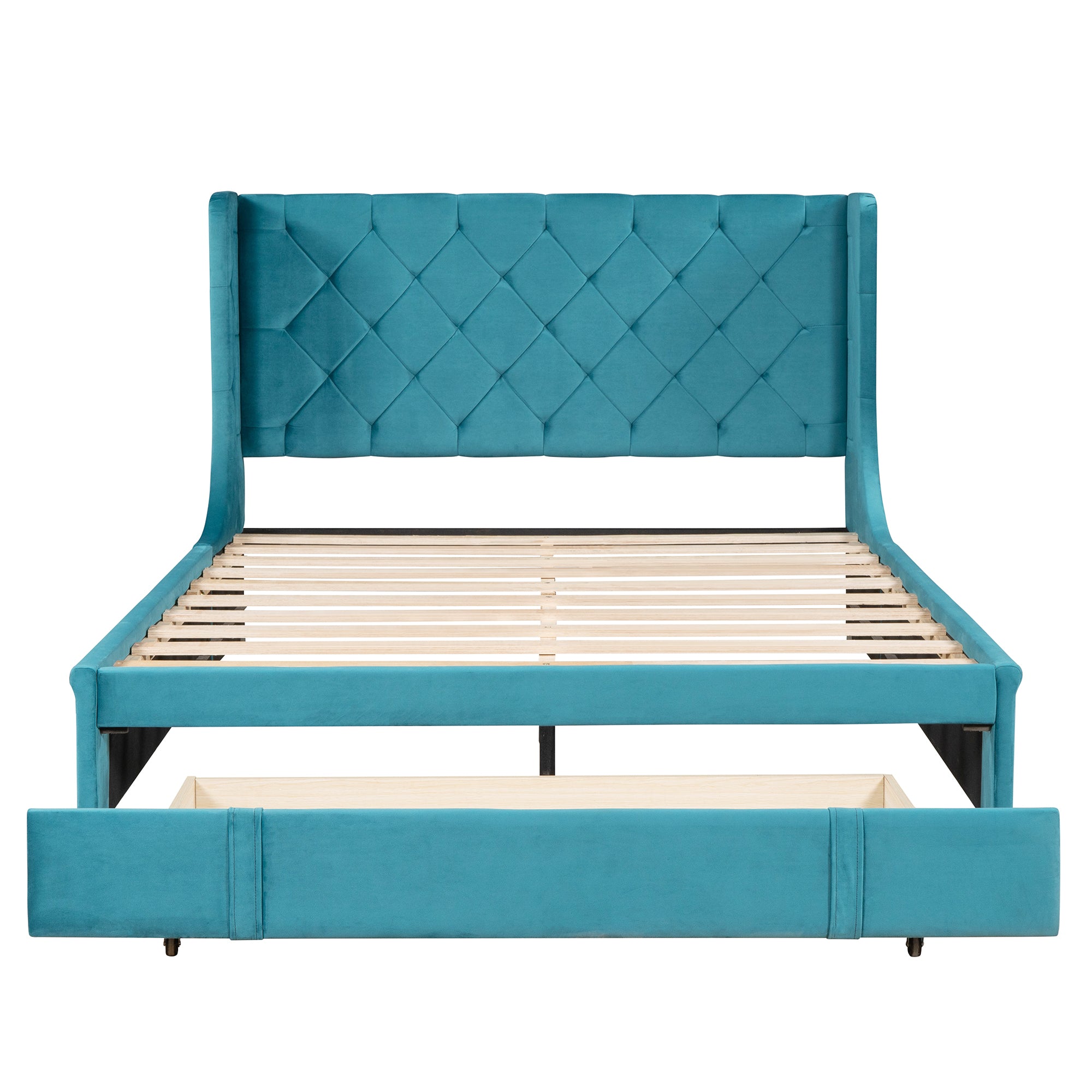 Queen Size Storage Bed Velvet Upholstered Platform Bed with Wingback Headboard and a Big Drawer (Blue) - Atlantic Fine Furniture Melbourne FL