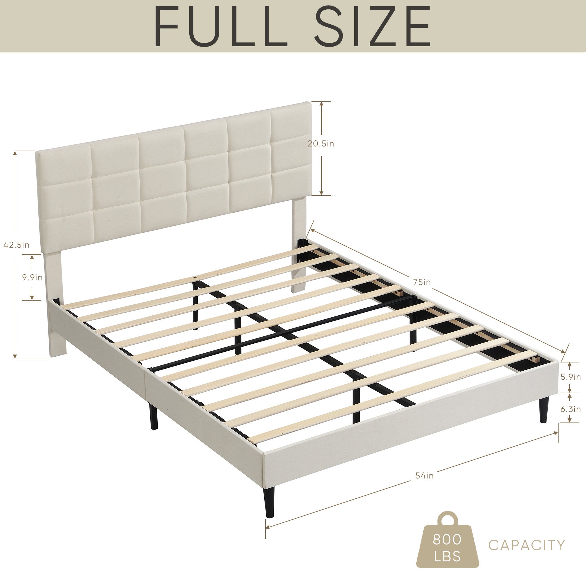 Full Size Platform Bed Frame with Fabric Upholstered Headboard and Wooden Slats, No Box Spring Needed/Easy Assembly, Beige