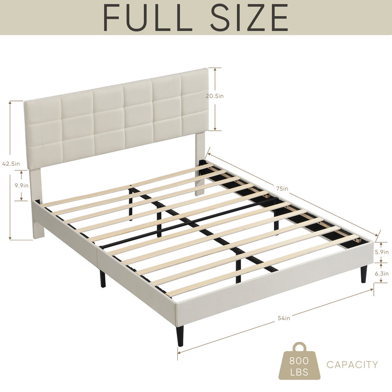 Full Size Platform Bed Frame with Fabric Upholstered Headboard and Wooden Slats, No Box Spring Needed/Easy Assembly, Beige