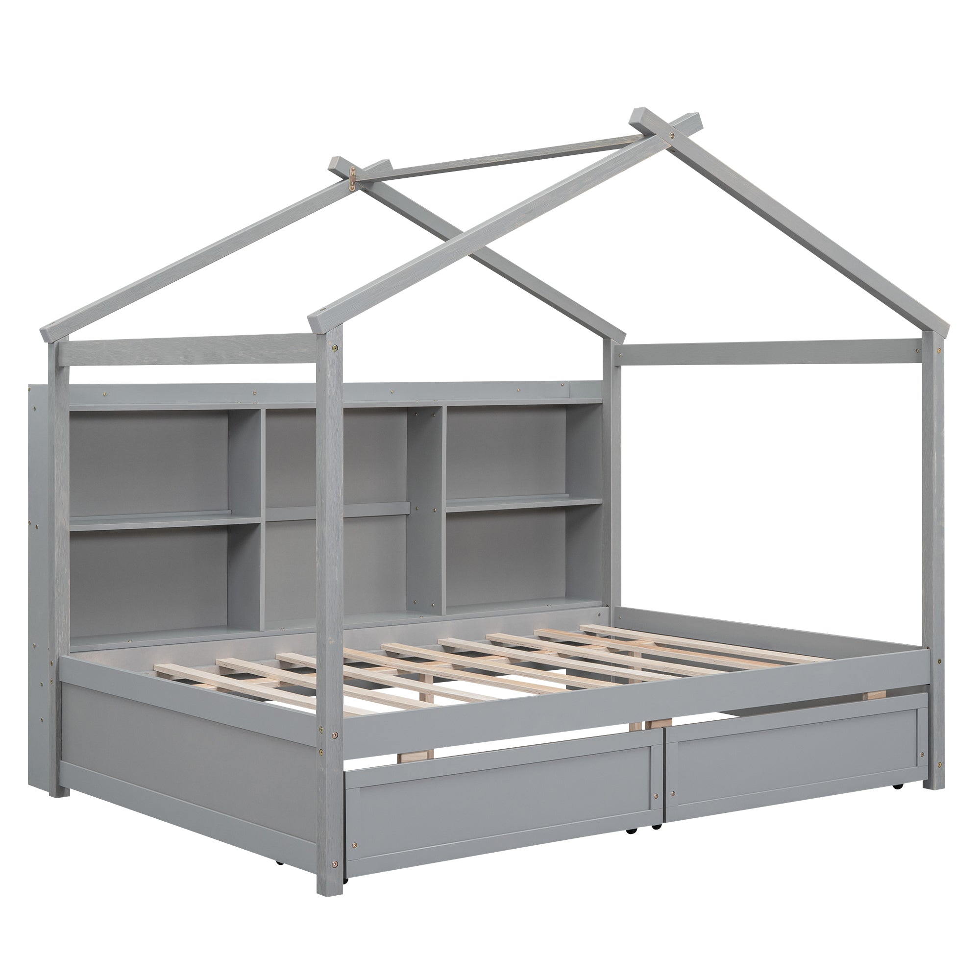 Full Size House Bed with Storage Shelves and 2 Drawers, Brushed Gray - Atlantic Fine Furniture Melbourne FL