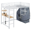 Loft Bed With Desk, Shelves, Power Outlet, LED Light And Wardrobe