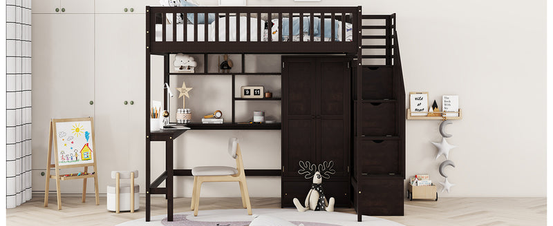Full size Loft Bed with Bookshelf,Drawers,Desk,and Wardrobe-Espresso