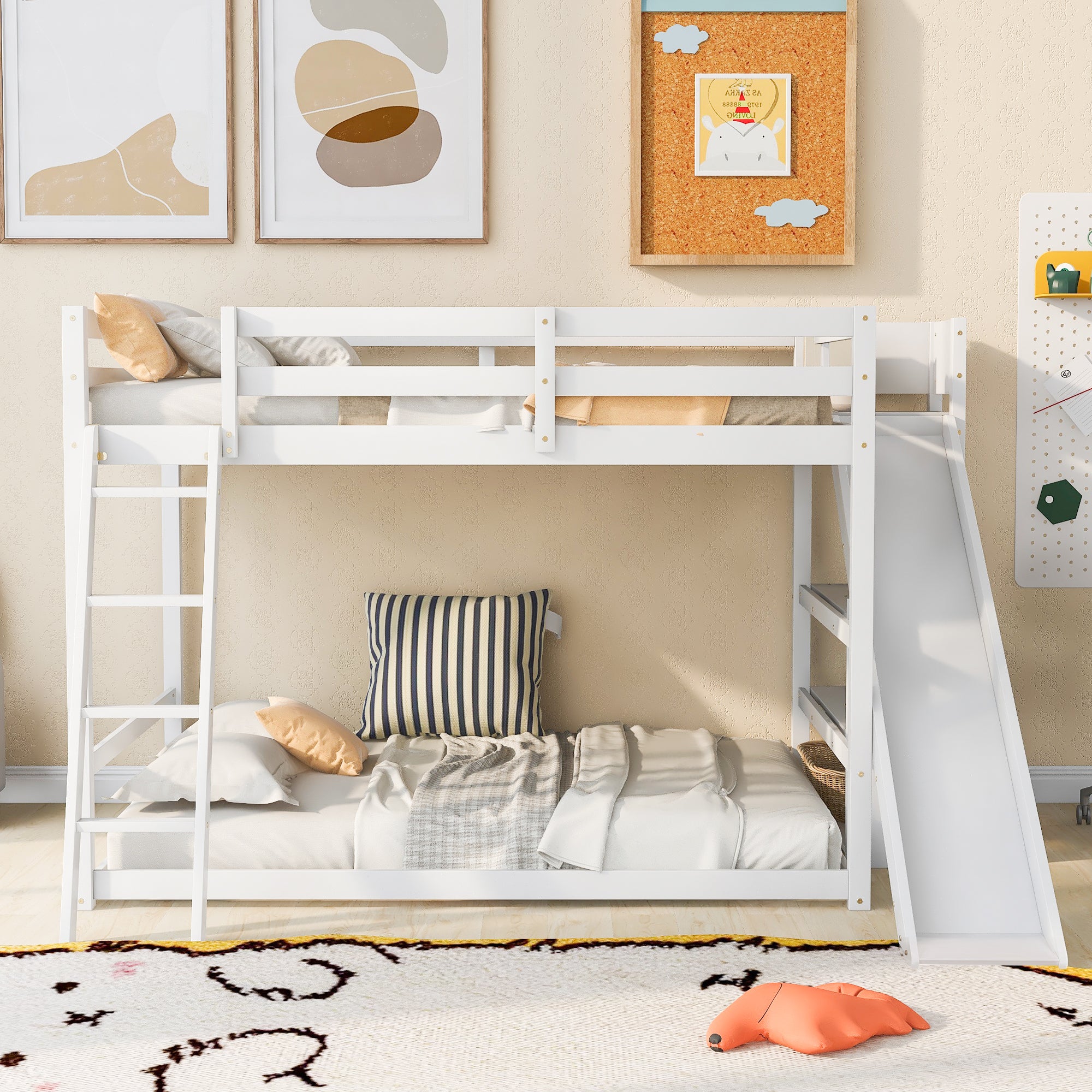 Full over Full Bunk Bed with Ladder, Slide and Shelves, White - Atlantic Fine Furniture Melbourne FL