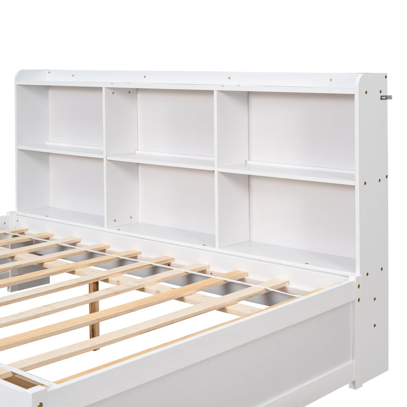 Full Bed with Side Bookcase, Drawers,White