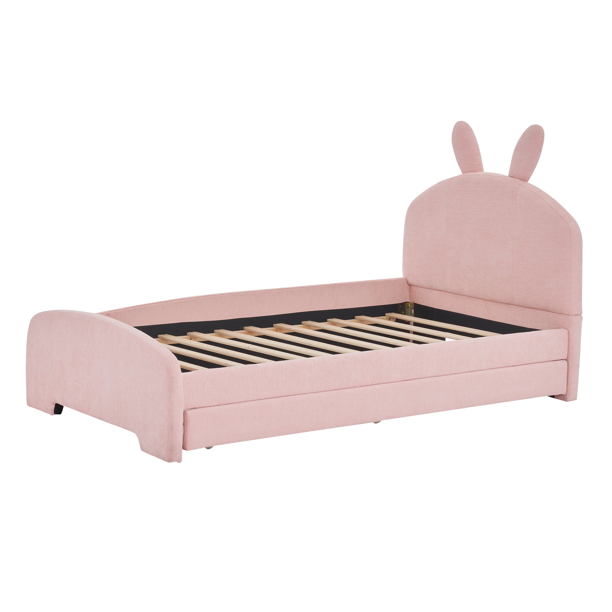 Twin Size Upholstered Platform Bed with Cartoon Ears Shaped Headboard and Trundle, Pink - Atlantic Fine Furniture Melbourne FL