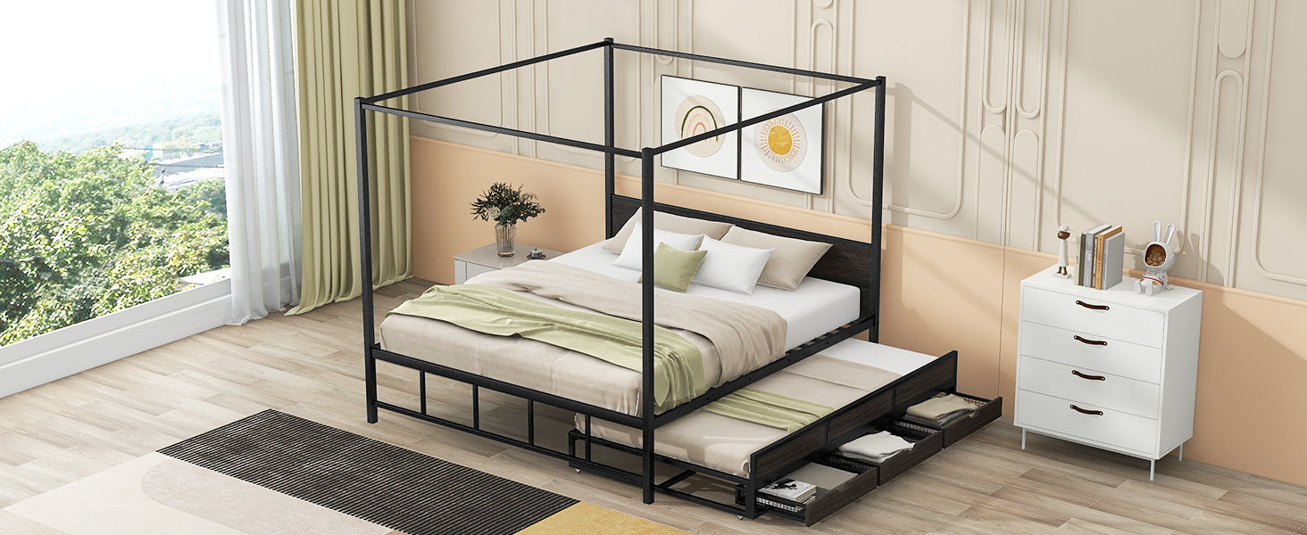 Queen Size Metal Canopy Platform Bed with Twin Size Trundle and 3 Storage Drawers, Black - Atlantic Fine Furniture Melbourne FL