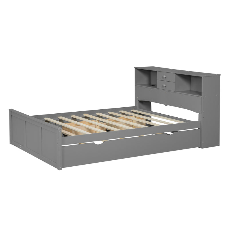 Full Size Wood Pltaform Bed with win Size Trundle, 3 Drawers, Upper Shelves and a set of USB Ports & Sockets, Gray