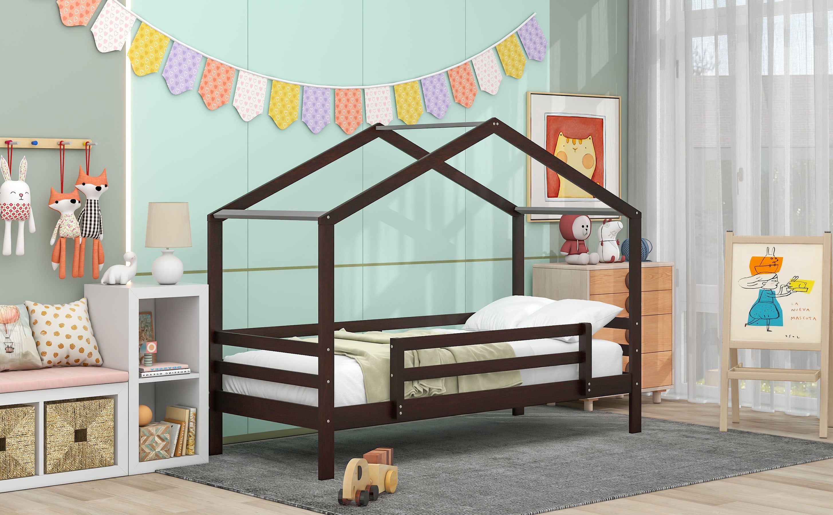 Twin Over Twin Bunk Bed with Roof, Slide and Ladder, Espresso - Atlantic Fine Furniture Melbourne FL