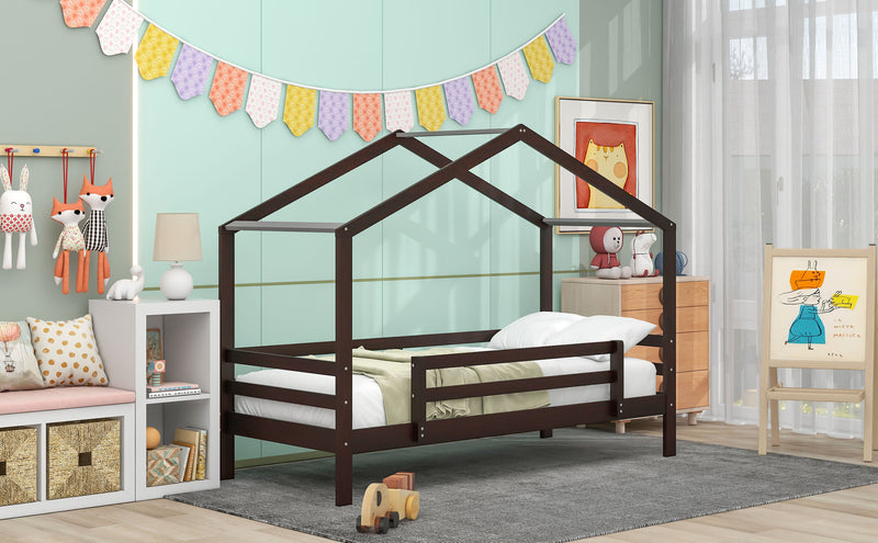 Twin Over Twin Bunk Bed with Roof, Slide and Ladder, Espresso