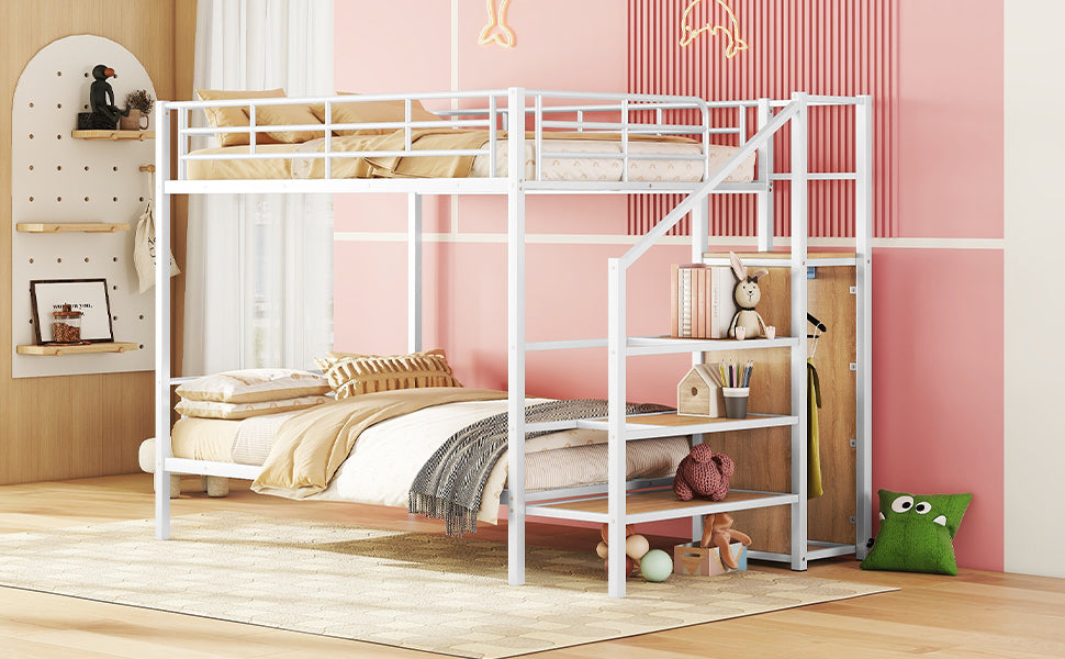 Full Over Full Metal Bunk Bed with Lateral Storage Ladder and Wardrobe, White - Atlantic Fine Furniture Melbourne FL
