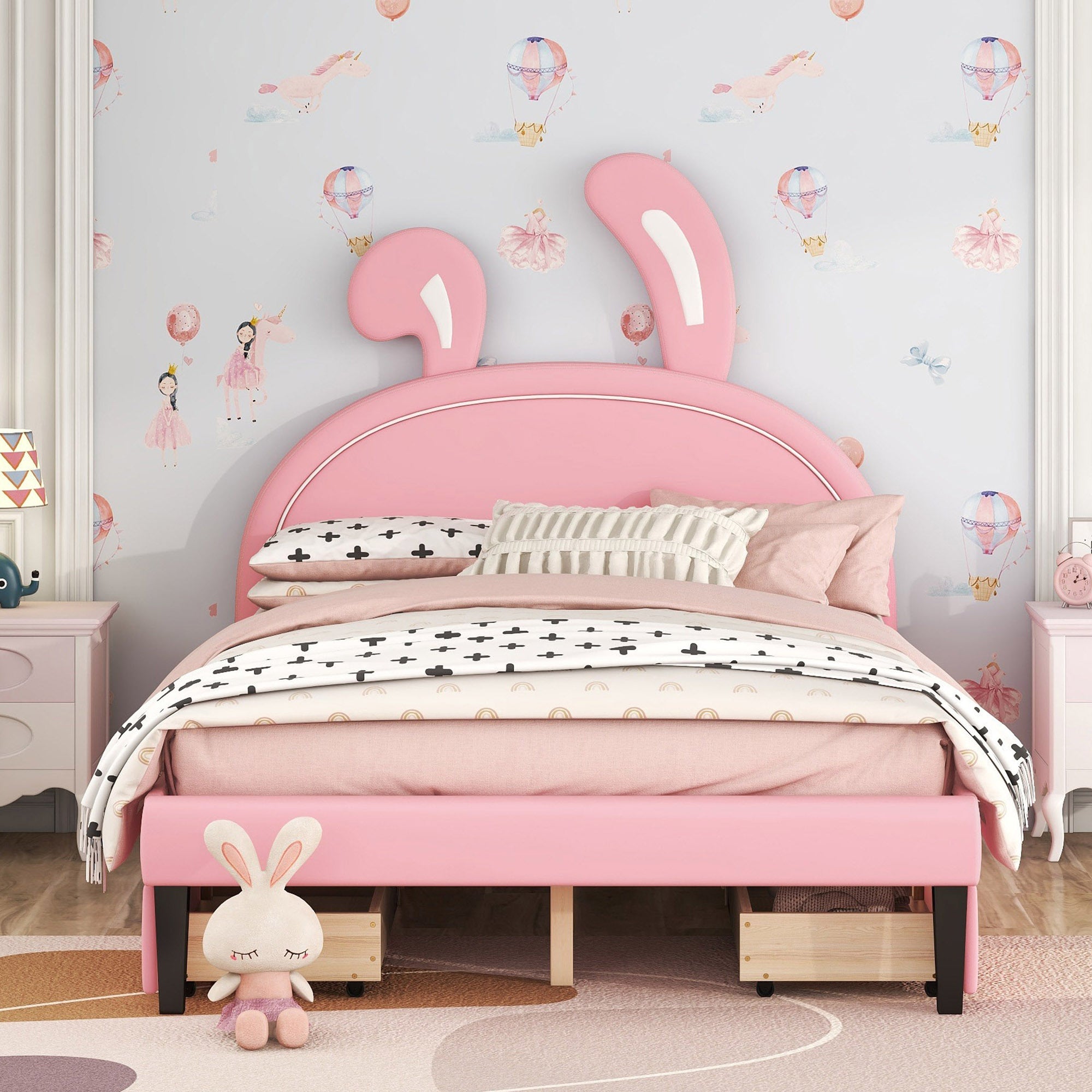 Full Size Upholstered Leather Platform Bed with Rabbit Ornament and 4 Drawers, Pink - Atlantic Fine Furniture Melbourne FL