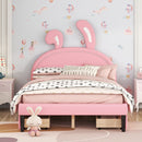 Full Size Upholstered Leather Platform Bed with Rabbit Ornament and 4 Drawers, Pink