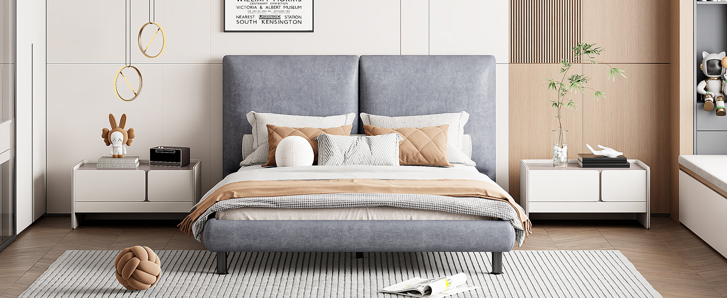 Queen Size Upholstered Platform Bed with Two Large Headrests and Thick Fabric, Polyester, Gray - Atlantic Fine Furniture Melbourne FL