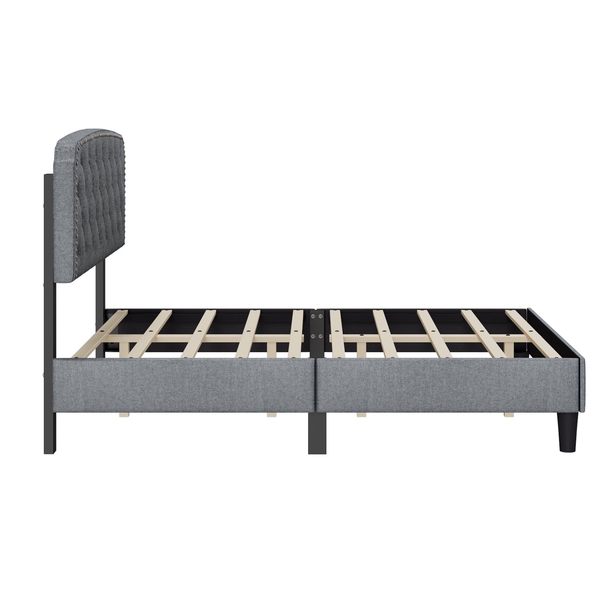 Full size Adjustable Headboard with Fine Linen Upholstery and Button Tufting for Bedroom,  Wave Top  Light Gray