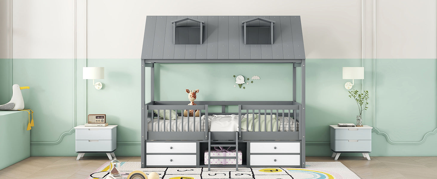 Twin Size Wood Bed House Bed Frame,Gray - Atlantic Fine Furniture Melbourne FL