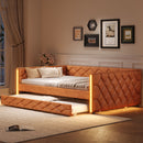 Upholstered Full Long Daybed With Trundle And LED Armrests - Brown