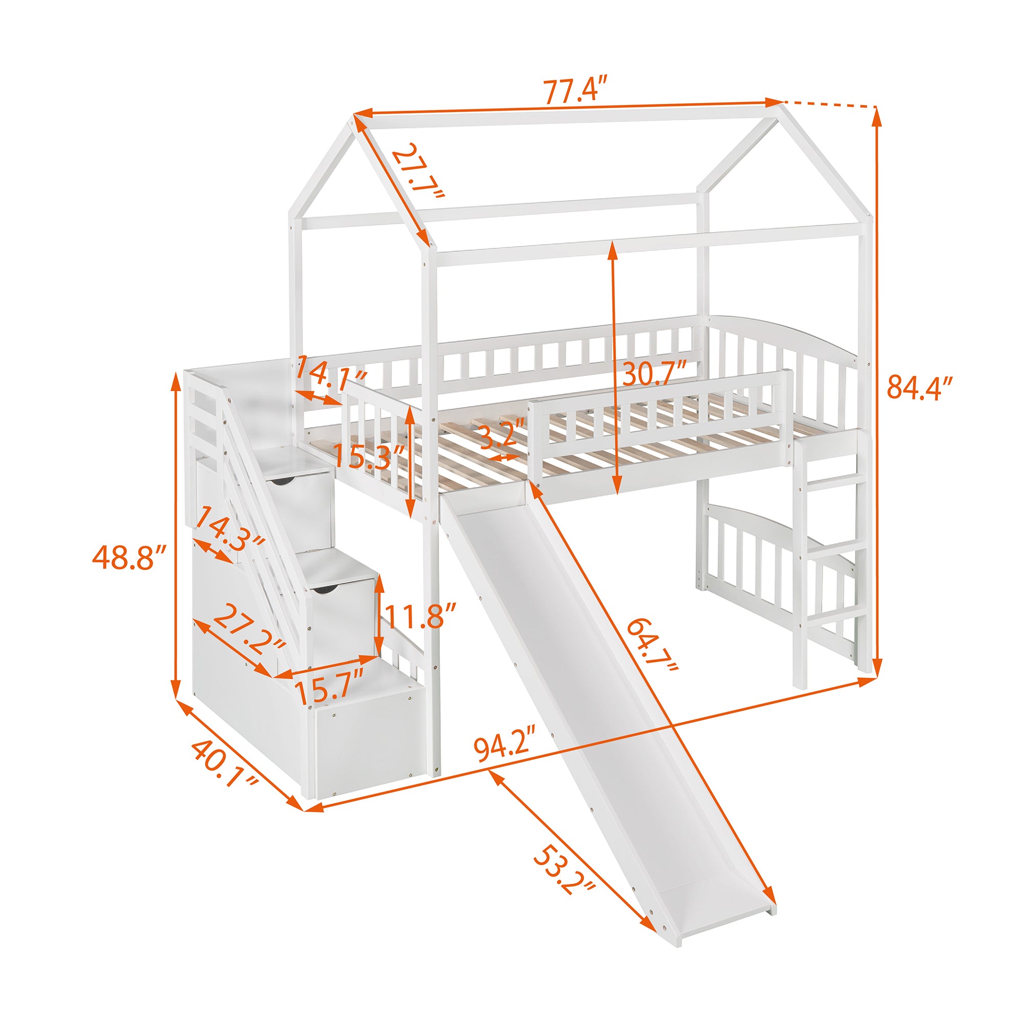 Twin Loft Bed with Two Drawers and Slide, House Bed with Slide, White (Old SKU: LP000130AAK) - Atlantic Fine Furniture Melbourne FL