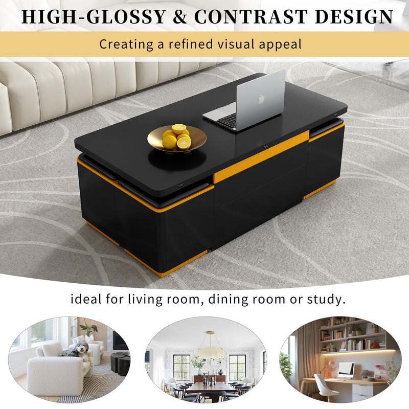 Multi Functional Adjustable Coffee Table With 4 Storage Stools