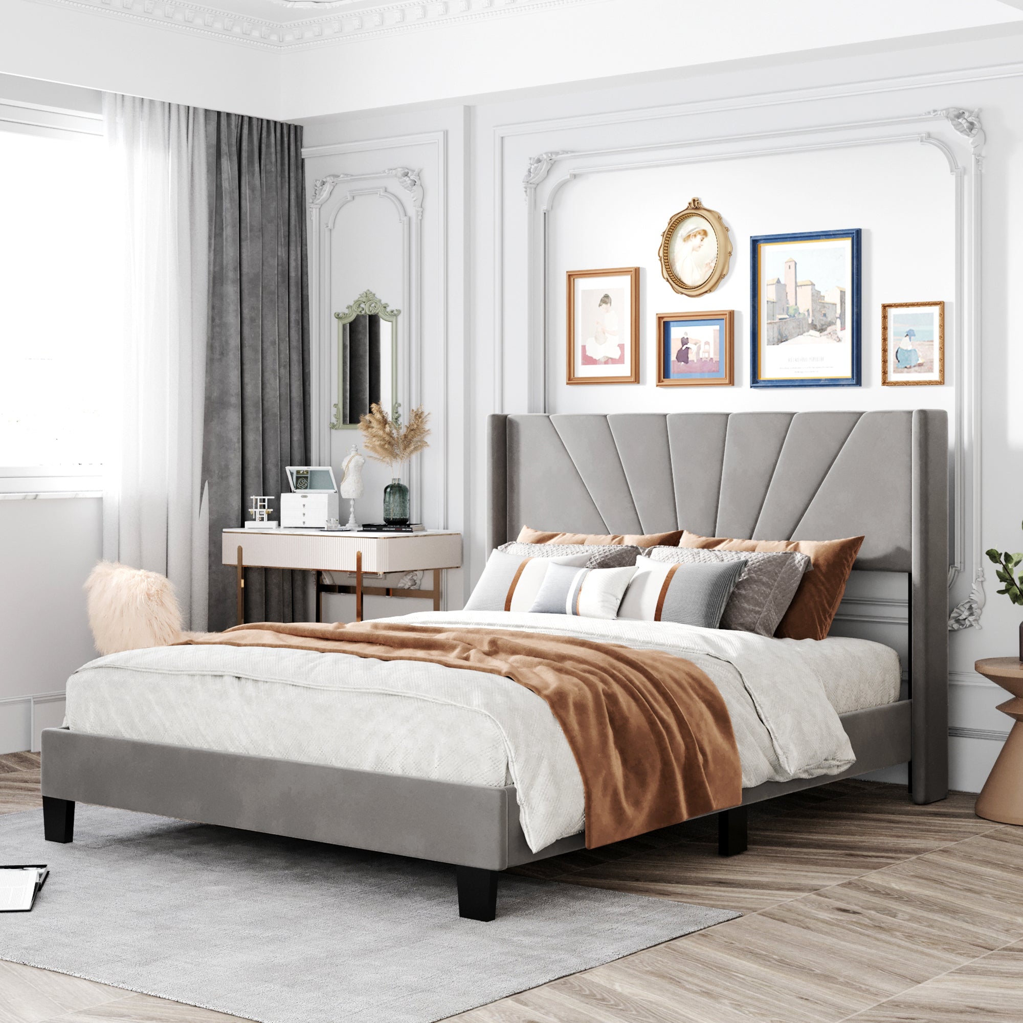 Queen Size Velvet Upholstered Platform Bed, Box Spring Needed - Gray - Atlantic Fine Furniture Melbourne FL