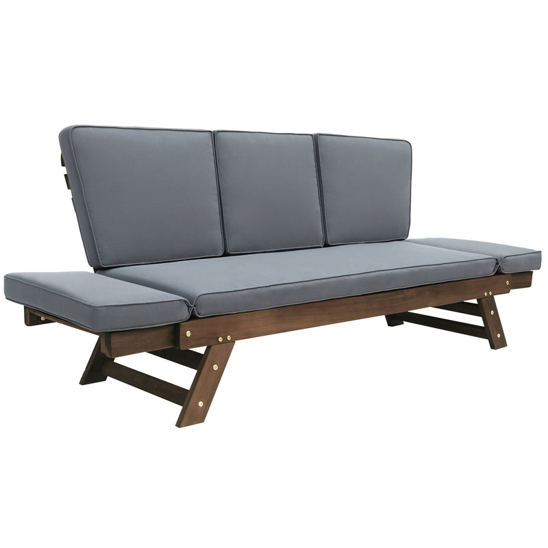 TOPMAX Outdoor Adjustable Patio Wooden Daybed Sofa Chaise Lounge with Cushions for Small Places, Brown Finish+Gray Cushion