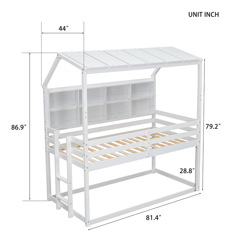 House Loft Bed With Guardrails, Semi-Enclosed Roof, Bedside Shelves And Ladder