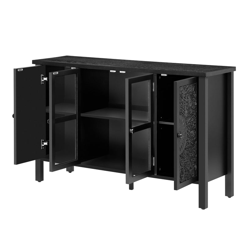 Retro TV Stand With 3 Spacious Cabinets, Glass Cabinet Doors And Anti-Tip Device