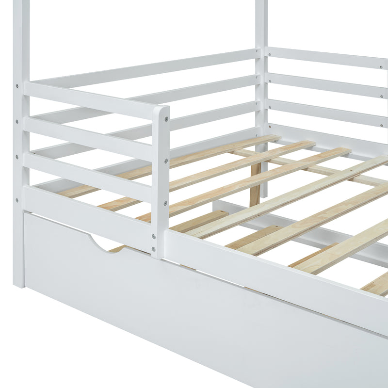 Full Size Wood House Bed with Fence and Writing Board, White