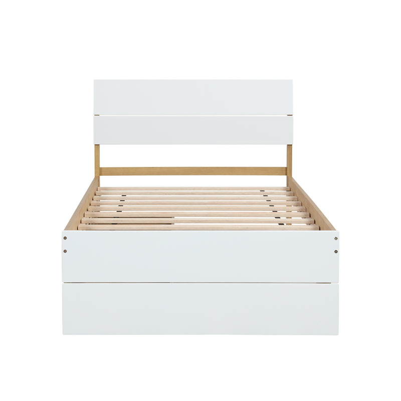 Modern Twin Bed Frame With Trundle For White High Gloss Headboard and Footboard With Light Oak Color