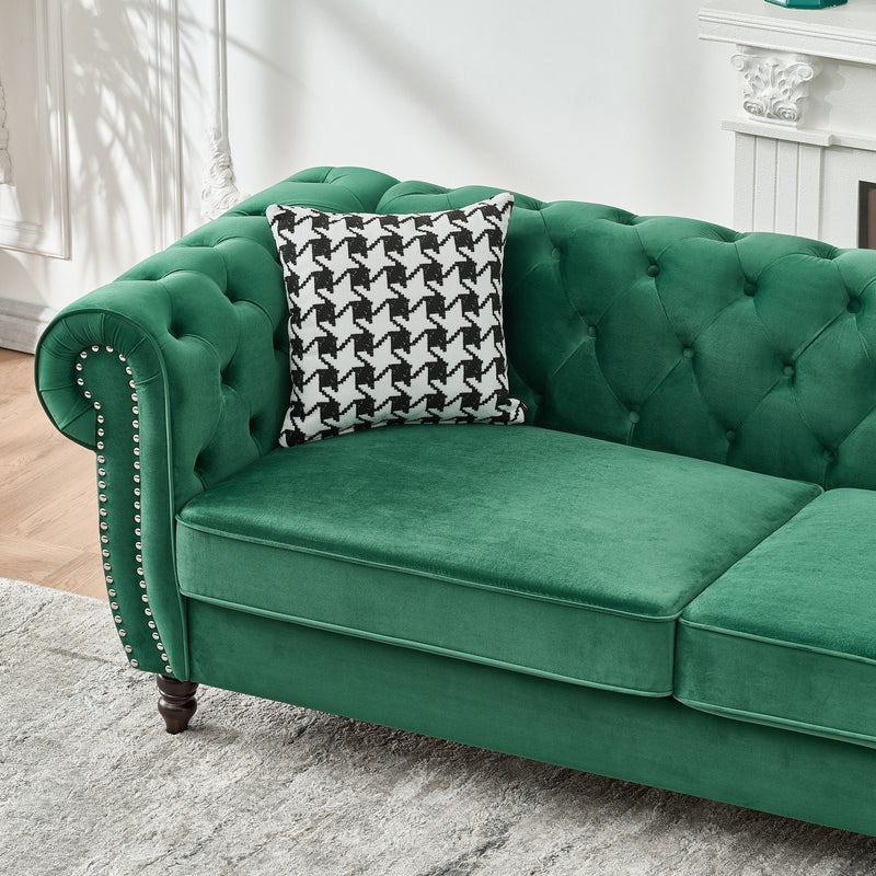 Chesterfield Velvet Fabric Sofa With Roll Armrest And Nailhead, Mid Century 2 Seater Couch