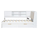 L-Shaped Daybed Corner Bed Under Bed Drawers With Storage Bookcase And Upholstered Headboard And USB Charging Ports