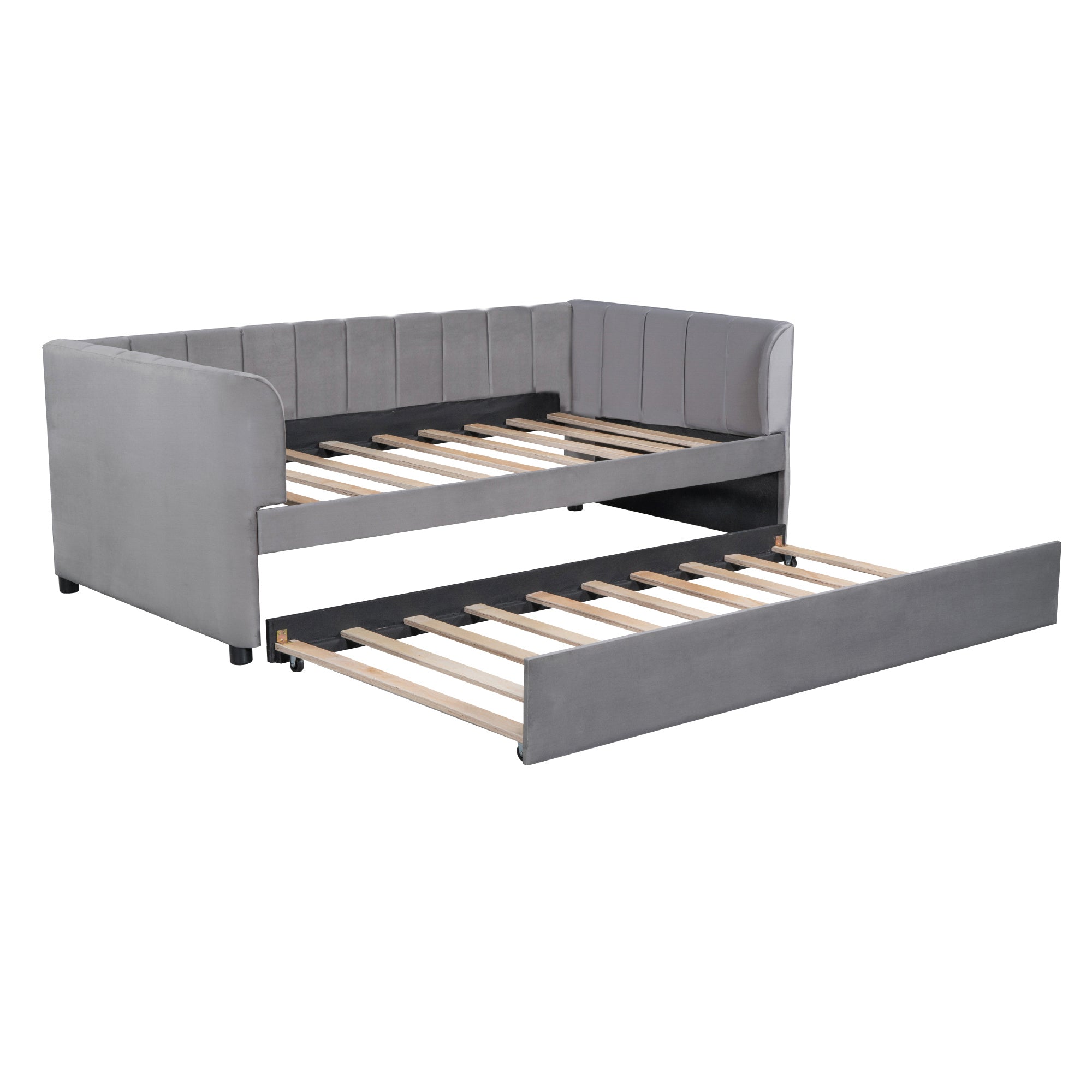 Twin Size Upholstered Daybed with Ergonomic Design Backrest and Trundle, Gray - Atlantic Fine Furniture Melbourne FL