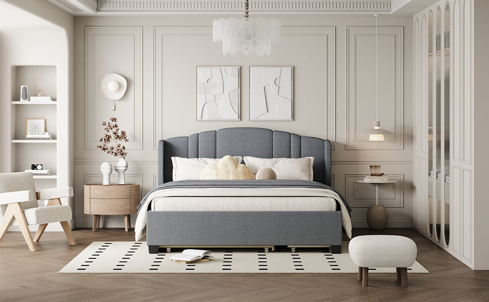Upholstered Platform Bed with Wingback Headboard, One Twin Trundle and 2 Drawers, No Box Spring Needed, Linen Fabric, Queen Size Gray - Atlantic Fine Furniture Melbourne FL
