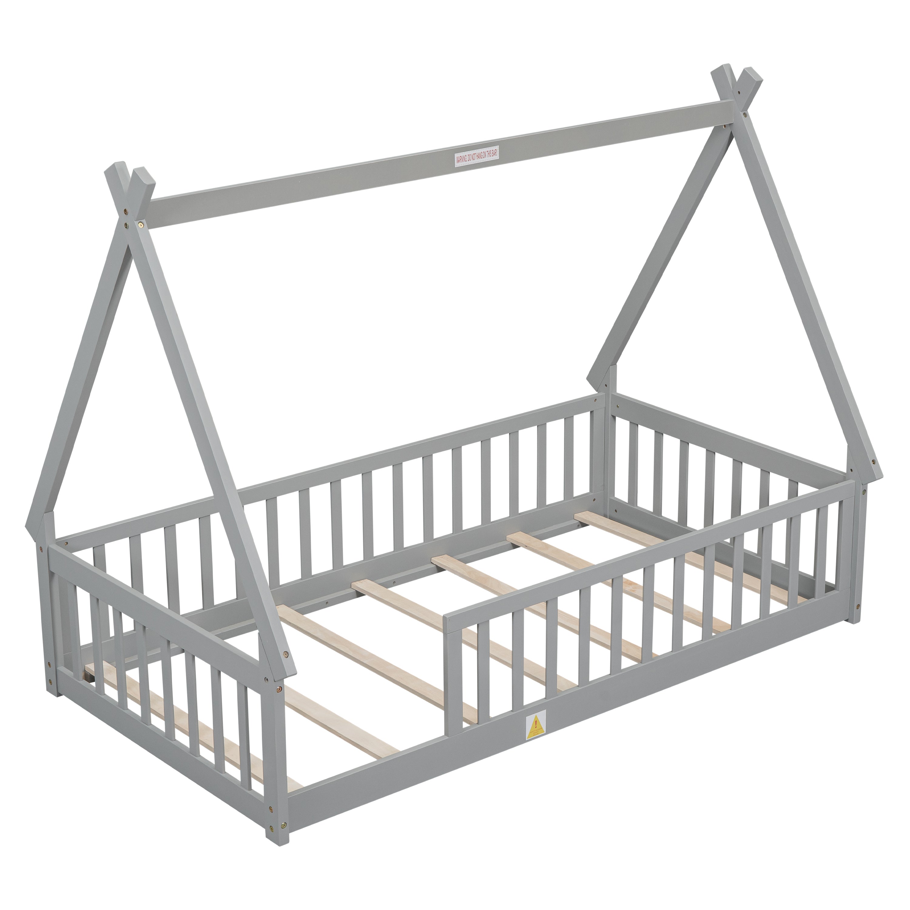Twin Tent-shaped Floor Bed, Teepee Bed with Guardrails, Slats,Grey