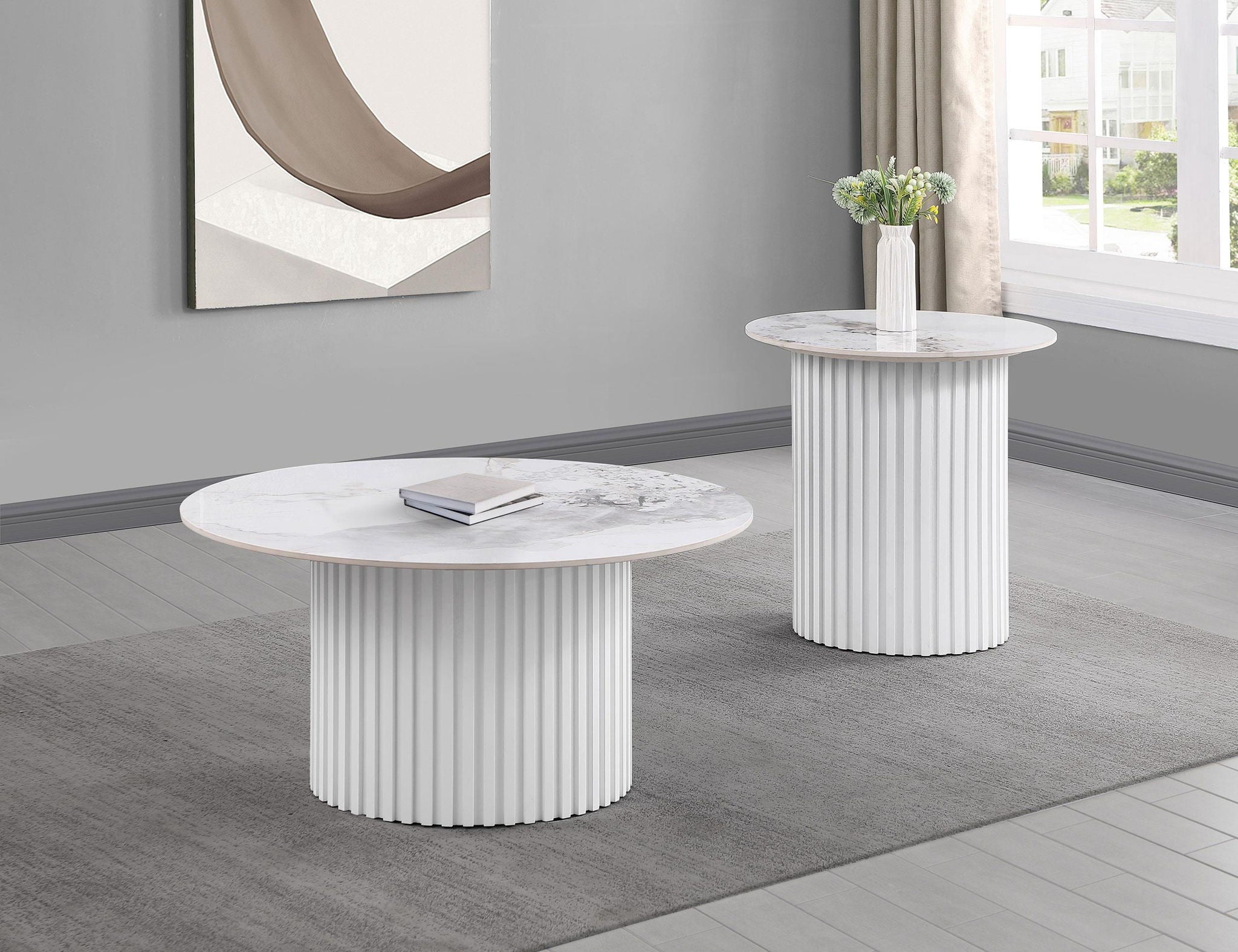 Rowena Round Sintered Stone End Table White Faux Marble