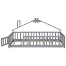 Twin House-Shaped Bedside Floor Bed with Guardrails, Slats, with Door,Grey