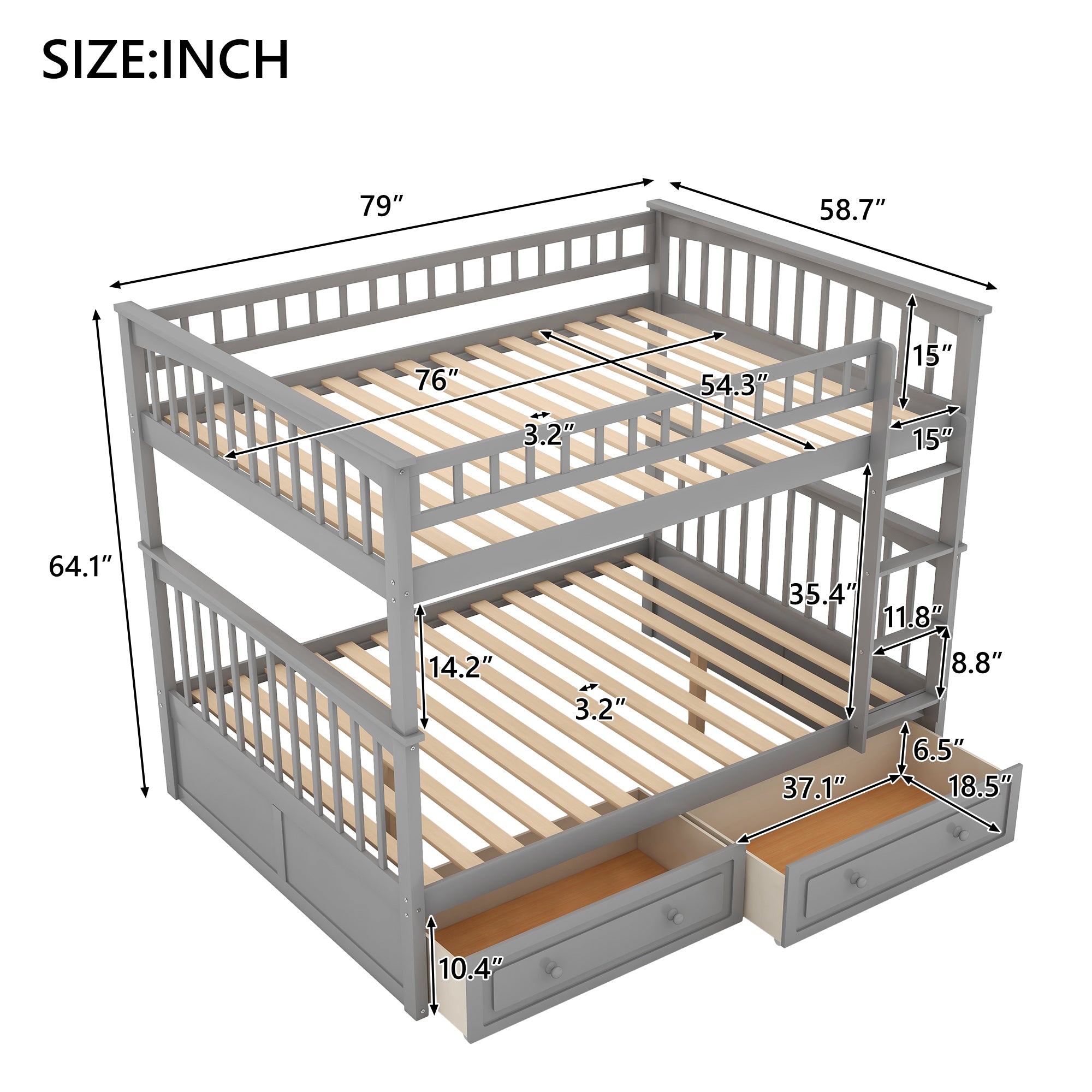 Full over Full Bunk Bed with Drawers, Convertible Beds, Gray(OLD SKU:SM000241AAE-1)