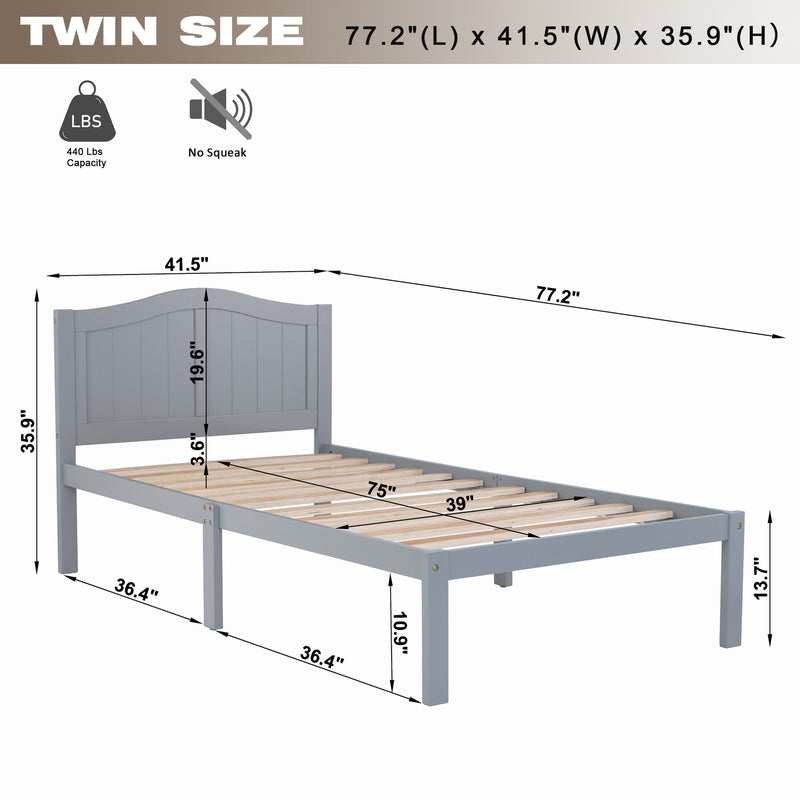 Twin Size Bed, Wood Platform Bed Frame with Headboard For Kids, Slatted, Gray