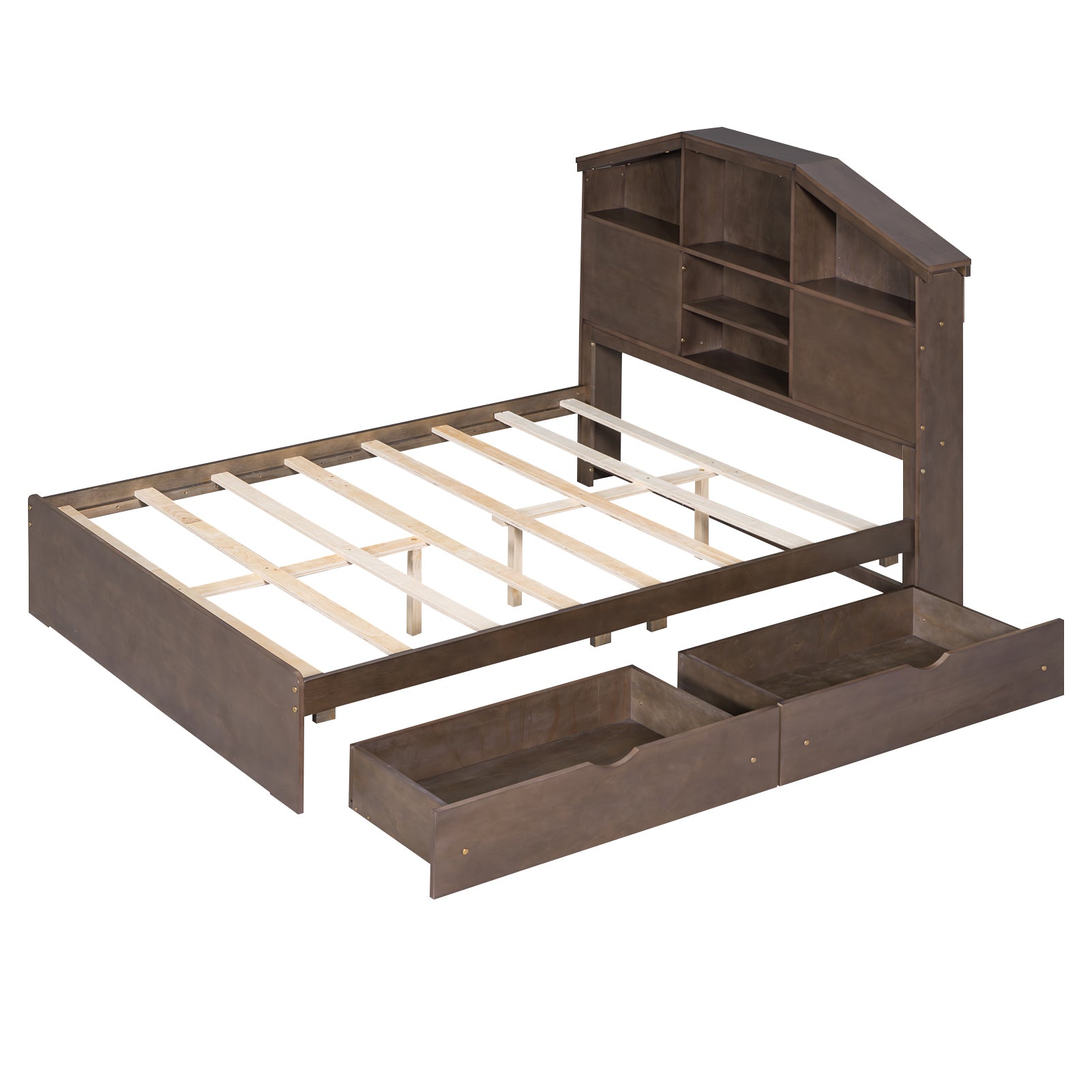 Full Size Wood Platform Bed with House-shaped Storage Headboard and 2 Drawers, Walnut - Atlantic Fine Furniture Melbourne FL