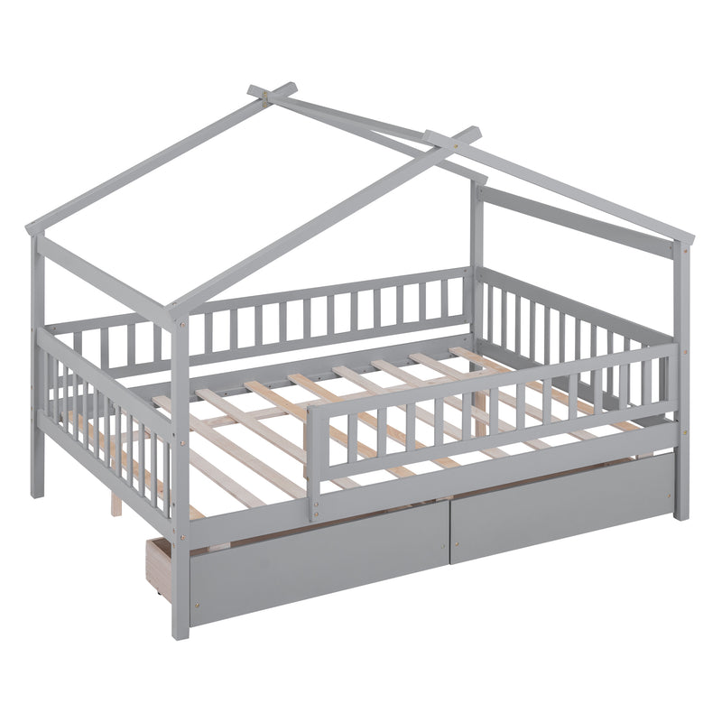 Full Size Wooden House Bed with Two Drawers,Gray