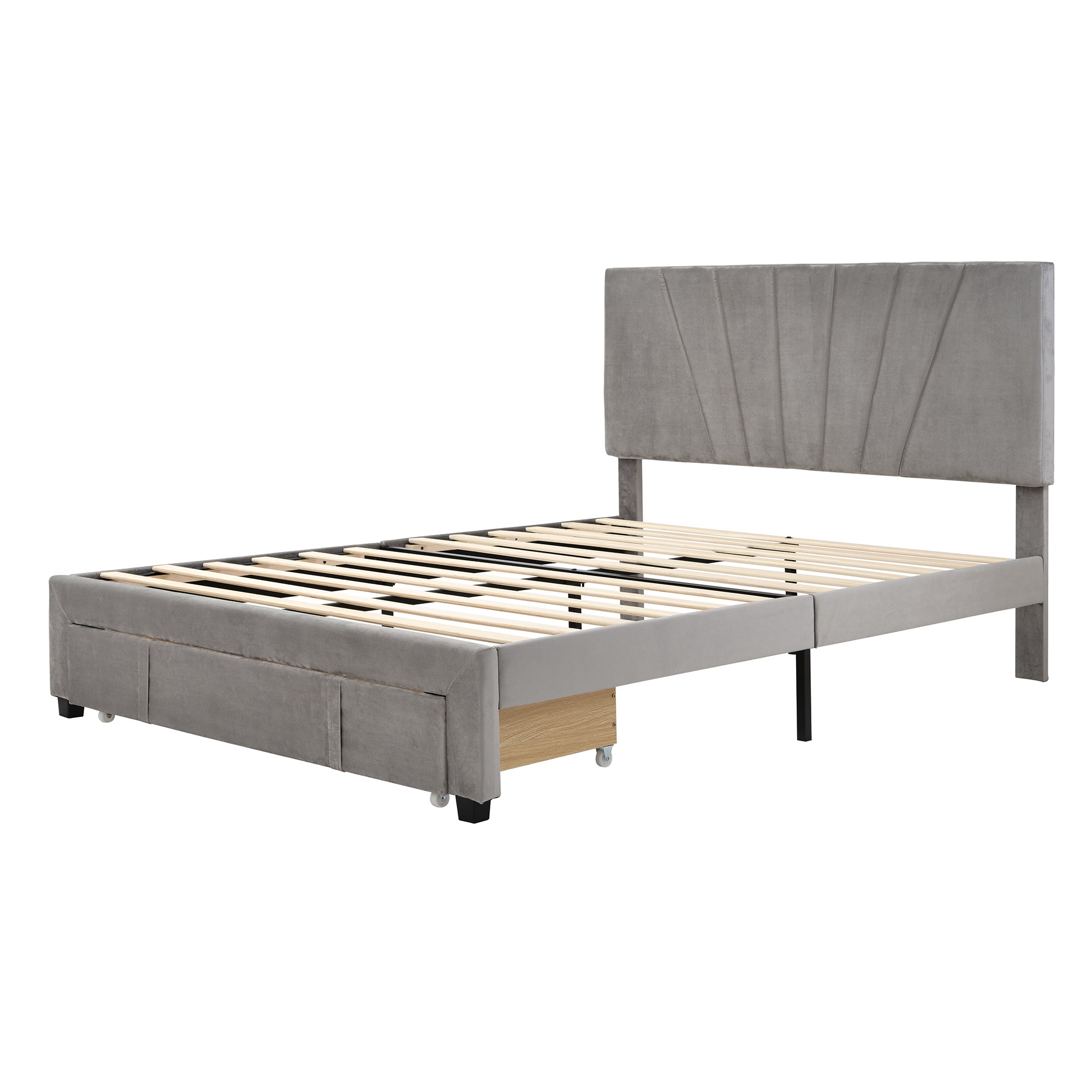 Queen Size Storage Bed Velvet Upholstered Platform Bed with a Big Drawer - Gray - Atlantic Fine Furniture Melbourne FL