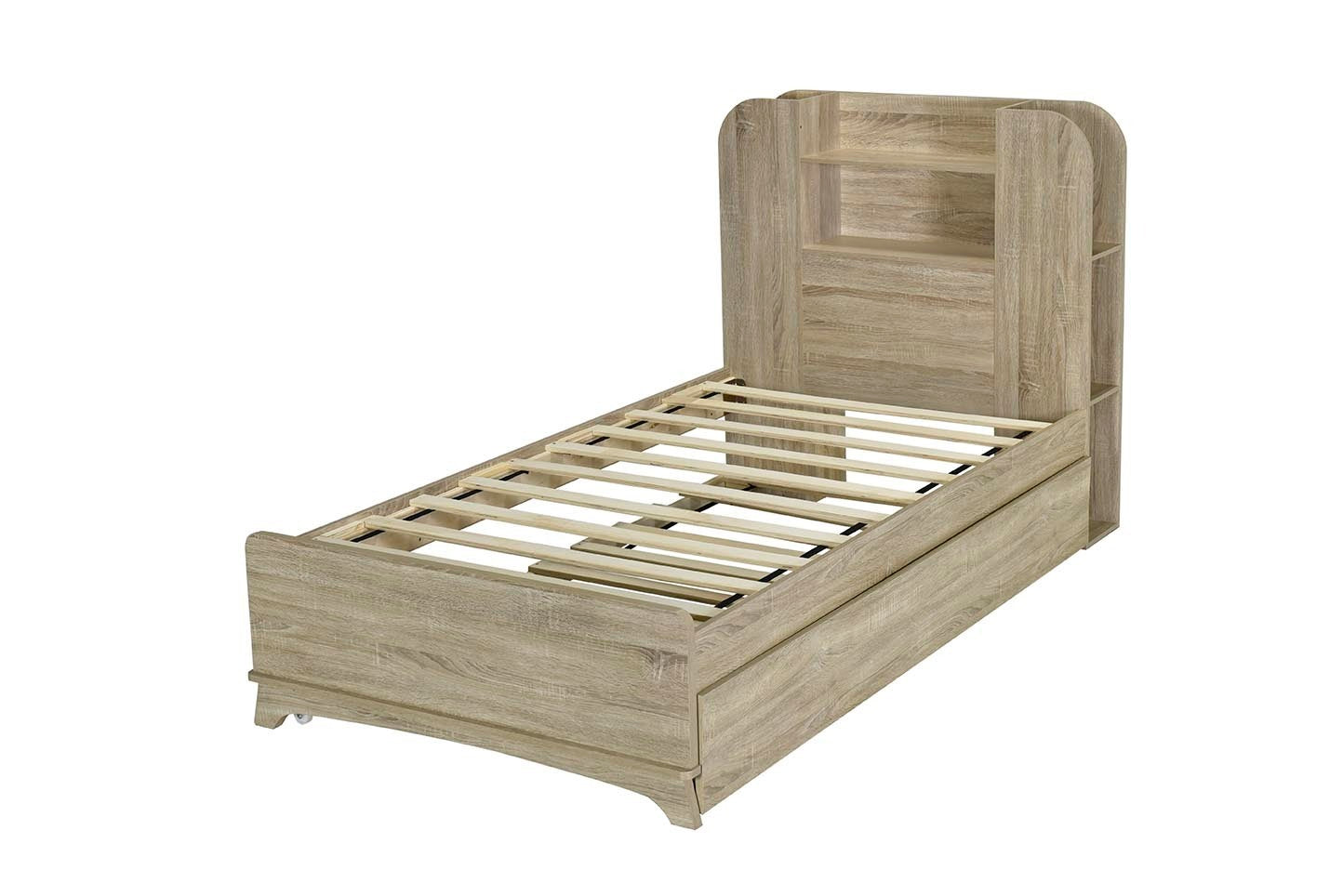 Twin Size Storage Platform Bed Frame with with Trundle and Light Strip Design in Headboard,Natural - Atlantic Fine Furniture Melbourne FL